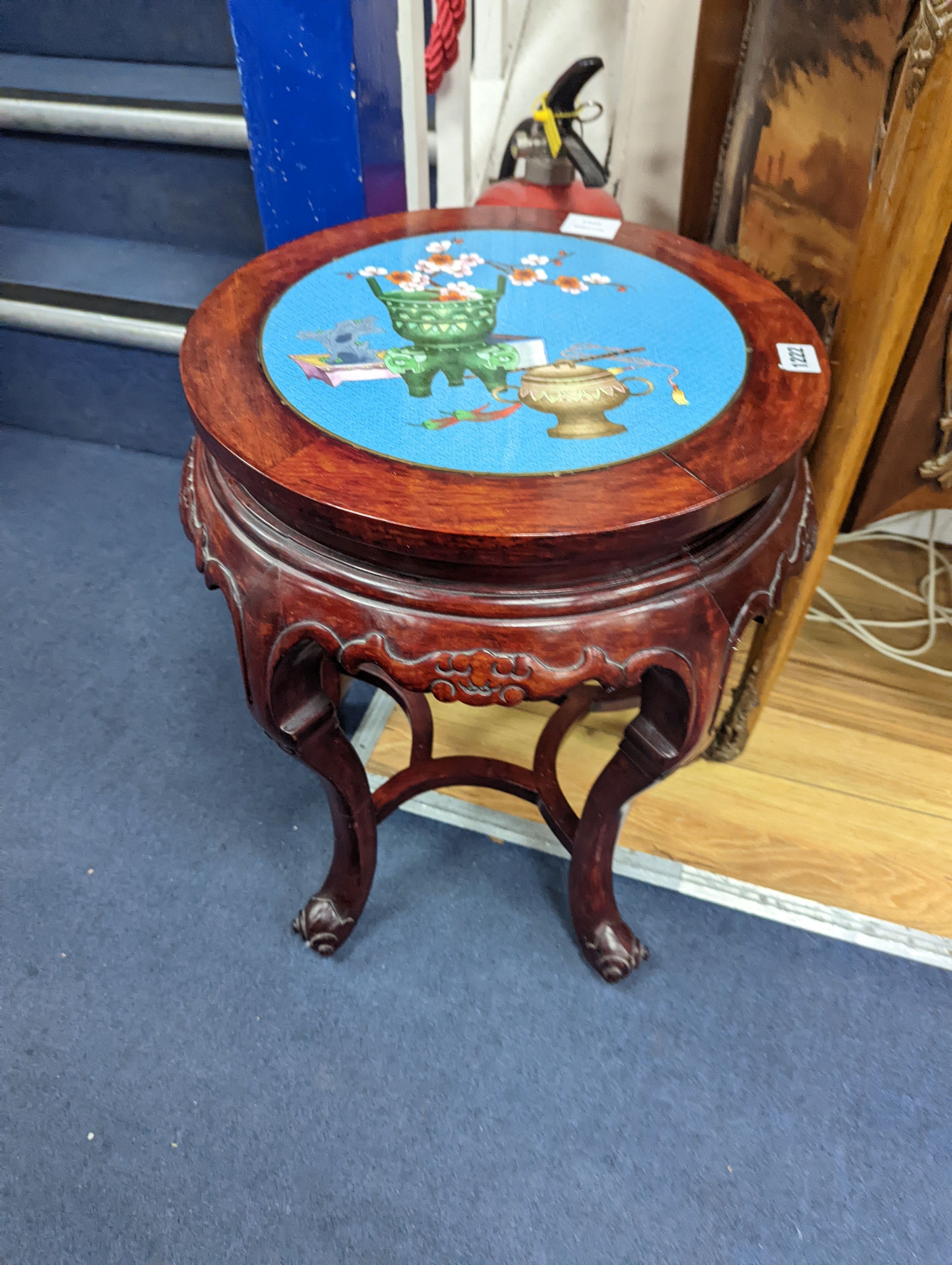 A Chinese hardwood and cloisonne enamel inset jardiniere stand, diameter 40cm, height 52cm